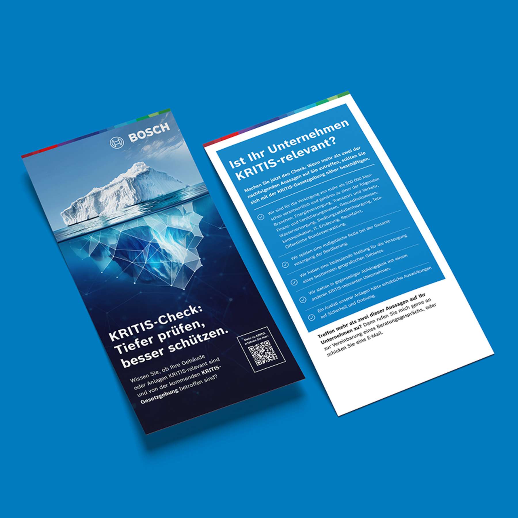 Flyer aus der KRITIS-Kampagne mit Eisberg-Motiv, auf dessen Rückseite Unternehmer einen KRITIS-Check durchführen können.