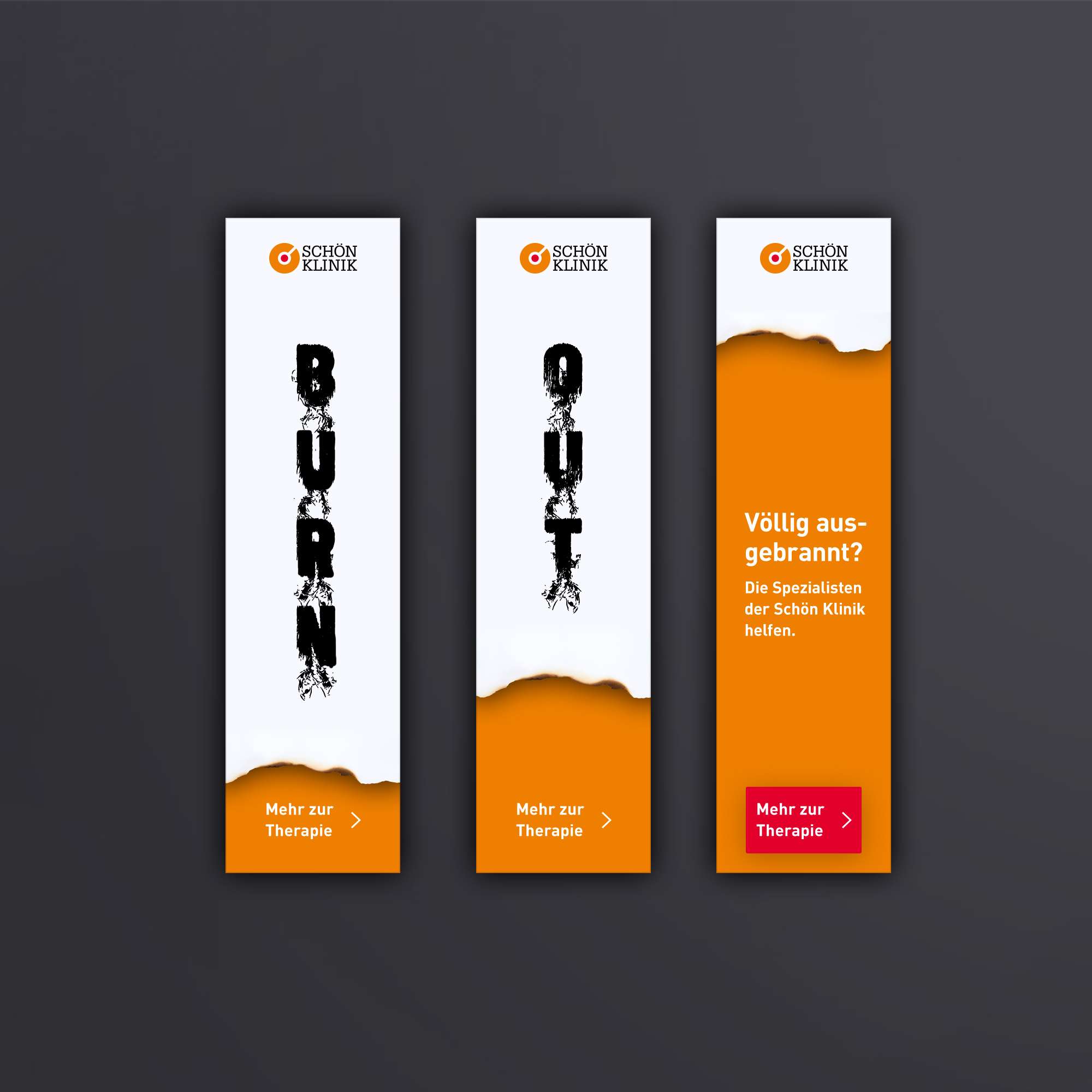 Screenshots dreier Ads und Banner im Skyscraper-Format der Schön Klinik zum Thema Burnout